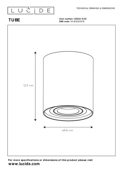 Lucide TUBE - Deckenstrahler - Ø 9,6 cm - 1xGU10 - Schwarz - TECHNISCH